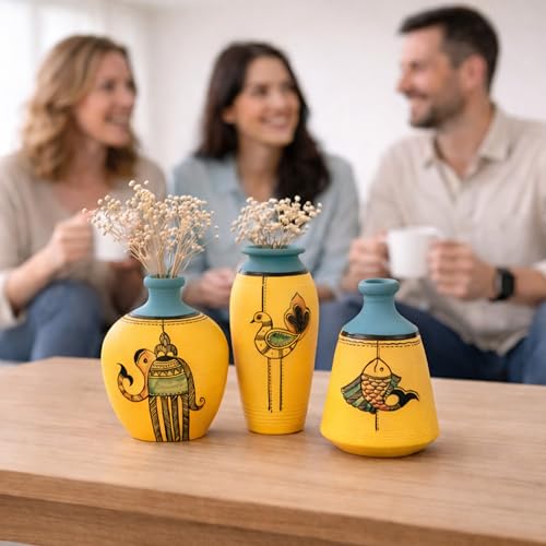 Image of Aakriti Art Creations Terracotta Vases Set of 3 | Hand Painted Yellow Madhubani Art Flower Vases Matte Finish Decorative Vases for Home Decor & Gifting
