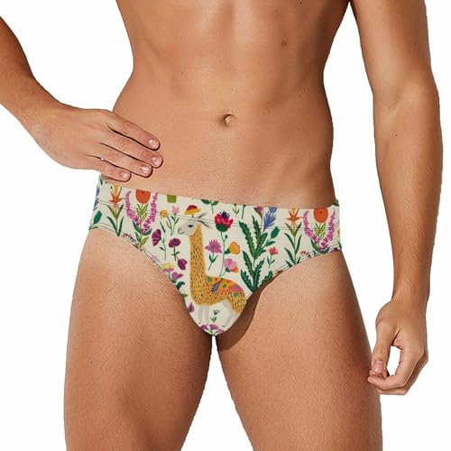 Llama Flowers Mens Swim Briefs Quick Dry Swimming Trunks Training Swimsuit Low Rise Swimwear