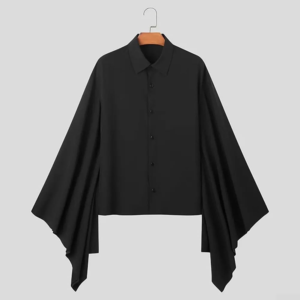 BlissfulAbode Chemise décontractée vintage pour homme avec col à revers boutonné, manches longues évasées, coupe ample
