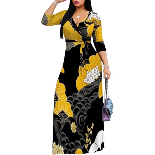 Image of PinkPatty Women's Print Maxi Dresses 3 /4 Sleeve Flowy Long Dress V Neck Wrap Tie Waist Sundress