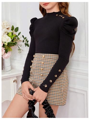 Floerns Girl's Mock Neck Fitted T Shirt Puff Long Sleeve Ruffle Button Ribbed Knit Tee Tops4