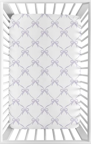 Image of Sweet Jojo Designs Baby Fitted Mini Crib Sheet (Purple Bows) for Girls, Newborn /Infant Nursery, Play Yards, Portable Cribs (Princess, White & Lavender Bow Vintage Coquette Aesthetic, Elegant, Classic)
