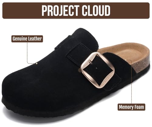Image of Project Cloud 100% Genuine Leather Clogs for Women Shoes - Memory Foam Insole, Non-Slip & Natural Cork Footbed Arch Support Big Buckle Womens Clogs and Mules Footwear (Manchester)