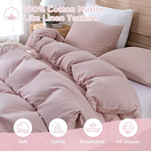 Image of TOCOMOA Muslin Duvet Cover 100% Cotton Like Linen Texture Breathable Soft Comfy 3-Piece Pink Comforter Cover Bedding Set (King 104 inchx90 inch, Comforter Not Included)