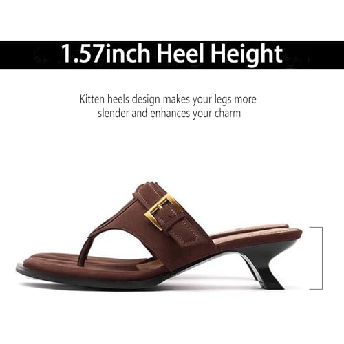 Women'S Leather Kitten Heel Flip Flops With Metal Buckle Casual Slip-On Comfortable Soft Wide Sole Thong Low Heels Square Open Toe Slides Sandals For Summer Fashion Travel Vacation Party Beach Date3
