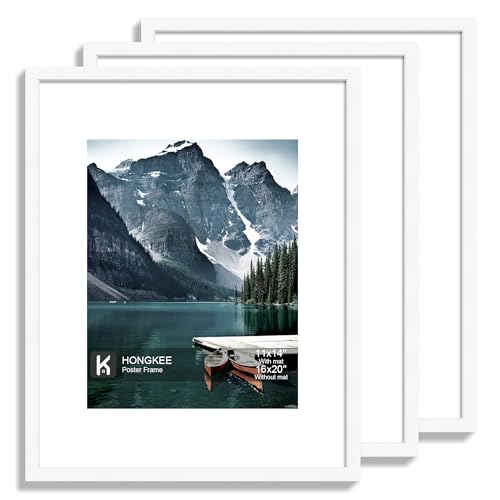 Hongkee 16x20 Frames Set of 3 - Display 11x14 Photo with Mat or 16 x 20 Poster without Mat Wall Mounting Horizontal and Vertical White