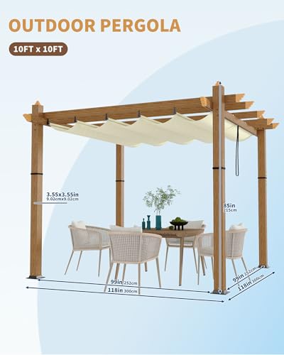 Image of KYBOLT 10x10 Ft Outdoor Pergola with Retractable Canopy Aluminum Imitation Wood Grain Metal Patio Pergola for Backyard Deck Porch Grape Trellis(Beige)