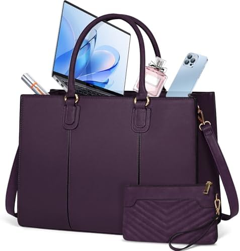 NEWHEY Laptop Bag for Women 15.6 Inch Work Tote Bags Leather Computer Bag with Clutch Purse Professional Office Briefcase Waterproof Handbag for Business Travel College, Deep Purple