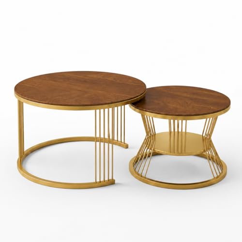 Image of NEST NATURE HAVEN Round Coffee Table, Modern Nestings Table Set of 2, Sofa Side Table with Marble Veneer Top and Metal Frame, End Table for Living Room Bedroom Home or Office (Golden Brown)