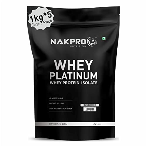 NAKPRO PLATINUM 100% Whey Protein Isolate | 29.70g Protein, 6.80g BCAA | Easy Mixing, Low Carbs, Easy Digesting Whey Protein Supplement Powder for Men, Women & Athletes | 5 Kgs (1 Kg*5 Nos) Unflavoured (150 Servings) NAKPRO PLATINUM 100% Whey Protein Isolate | 29.70g Protein, 6.80g BCAA | Easy Mixing, Low Carbs, Easy Digesting Whey Protein Supplement Powder for Men, Women & Athletes | 5 Kgs (1 Kg*5 Nos) Unflavoured (150 Servings)