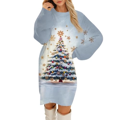Weihnachtskleid Damen Elegant Lang Weihnachtspullover Damen Lustig mit Weihnachtsmotive Kleid Damen Weihnachten Festlich Flauschig Pulloverkleid...