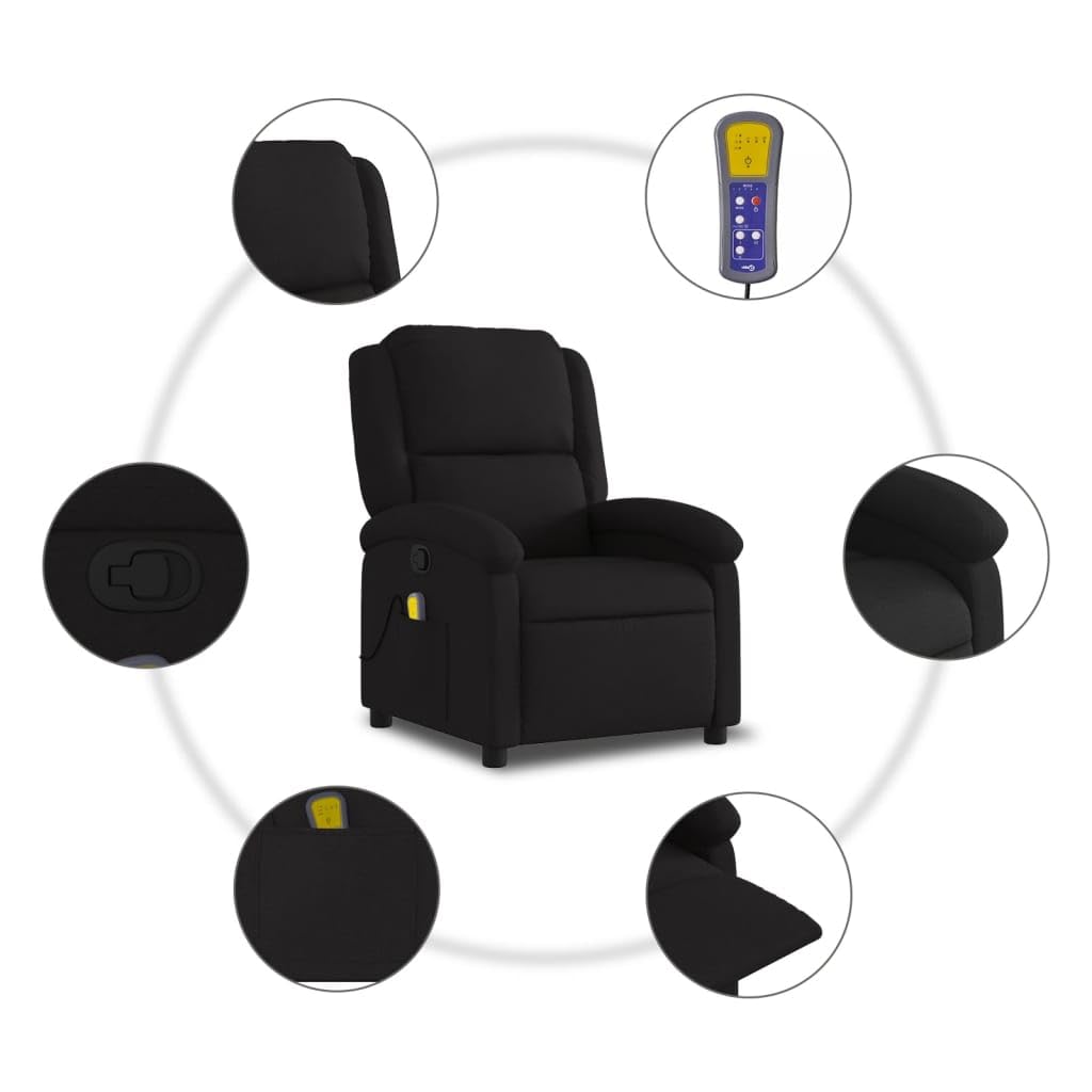 vidaXL Sillón Reclinable de Masaje, Silla con Respaldo Reposabrazos, Sillón de Televisión Relax Descanso, Asiento para Salón Hogar, Tela Negro
