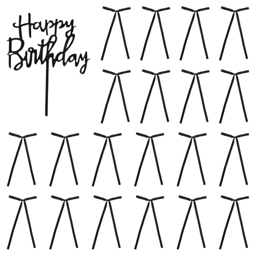 20 decoraciones para tartas negras con lazos, con 1 cartel de feliz cumpleaños, lazos (8 x 13 cm) para decoraciones de cumpleaños y bodas, muy adecuadas para tartas de corazón, pasteles vintage