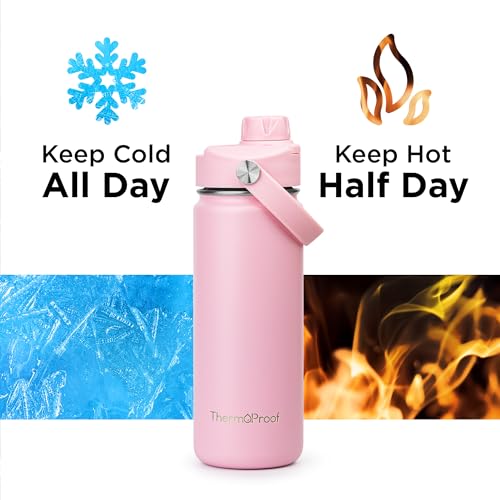 Image of ThermoProof Insulated Water Bottle - Stainless Steel, Wide Mouth, Flip & Spout Lids, Leakproof, Dishwasher Safe, Reusable - Keeps Drinks Hot or Cold - for Adults & Kids - 18oz, Pink