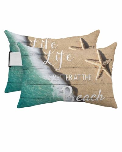 Outdoor Pillows for Chaise Lounge Chair Set of 2 Beach Life Seaside Starfish Sea Water Waterproof Lumbar Pillows with Insert for Beach Pool Patio Office Recliner,Sand Coastal Nautical Theme 11x16IN