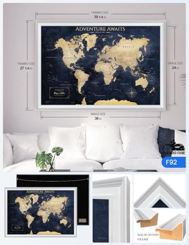 Image of IPIC - Personalized Framed World Map for Wall Decor, Large Pinnable World Map to Mark Travels, Custom Artwork with Names, World Travel Map for Home, Office, Study, and RV, Ready to Hang