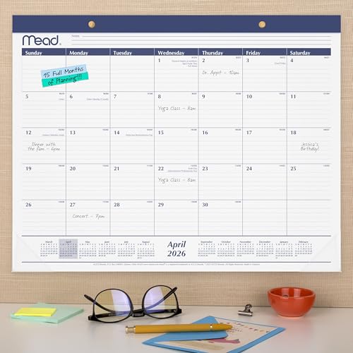 Image of Mead Desk Calendar 2026-2027 Planning Pad, Academic 15-Month April-June, Monthly, 21.75 inch x 17 inch Standard, Ruled Daily Block (CAM92020)