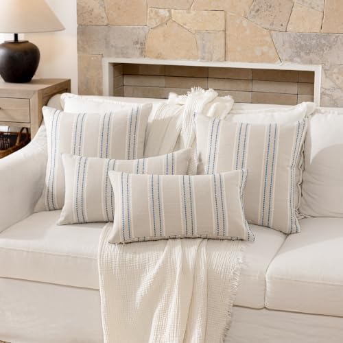 Image of Hckot Lumbar Throw Pillow Covers 12x24 Set of 2 Lake Blue Pillow Covers Farmhouse Decorative Pillows Textured Linen Square Cushion Covers for Sofa Couch Bed Living Room Decor(Lake Blue)