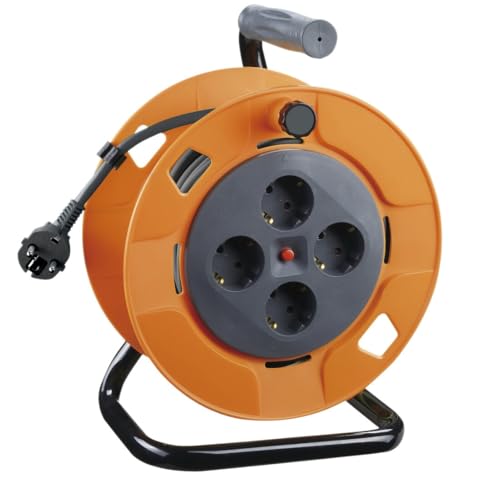 Enrollador extensible de 50m, 4 tomas, cable 3x1.5mm, IP20, ideal para uso doméstico y herramientas eléctricas portátil.