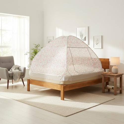 Image of Wakefit Floral Print Mosquito Net for Double Bed | Queen Size Foldable Machardani | Lightweight & Breathable | Polyester 30GSM Strong Net | PVC Coated Corrosion Resistant Steel Wire - Floral