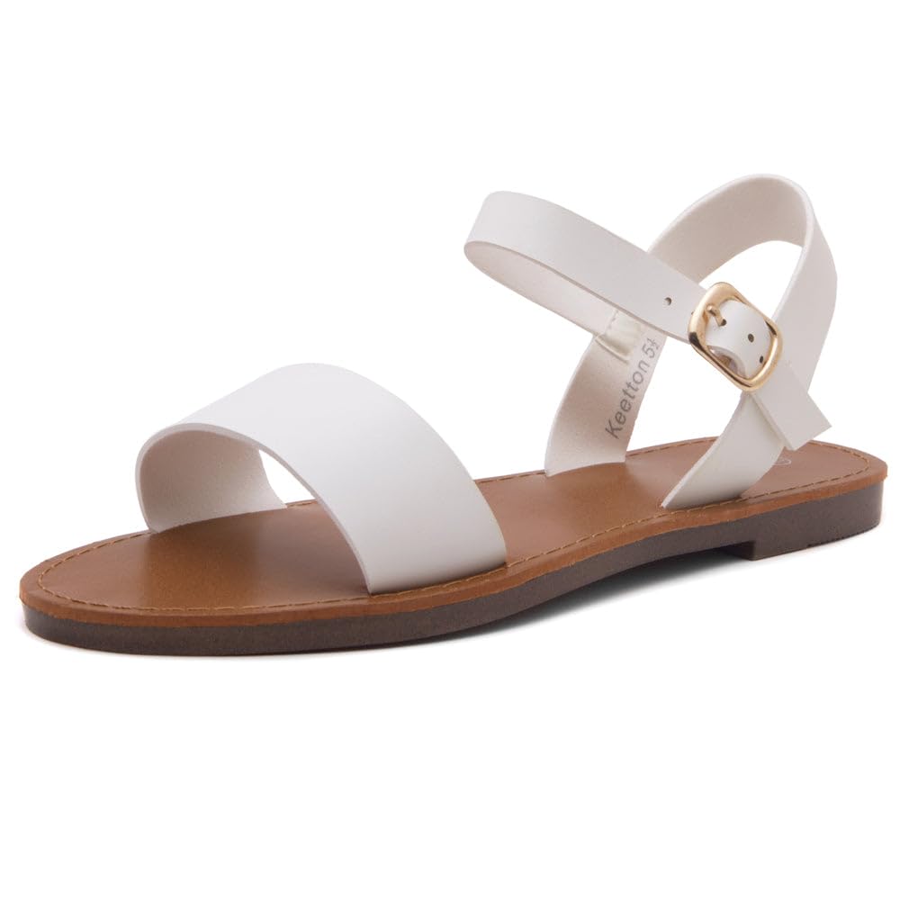 Herstyle Keetton Women's Flat Sandals Open Toe Ladies Dressy Sandals Black White Cognac Flat Sandals Ankle Strap Comfy Casual Sandal for Summer