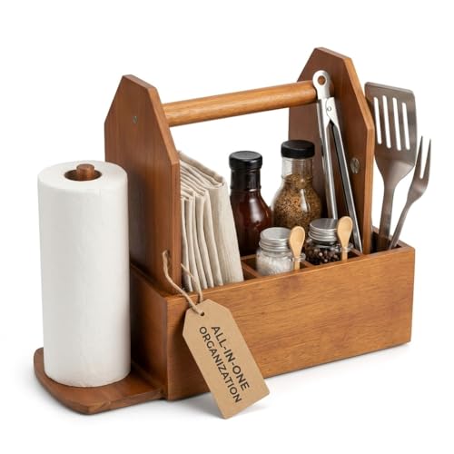 Wooden Grill Caddy with Paper Towel Holder and Utensil Storage