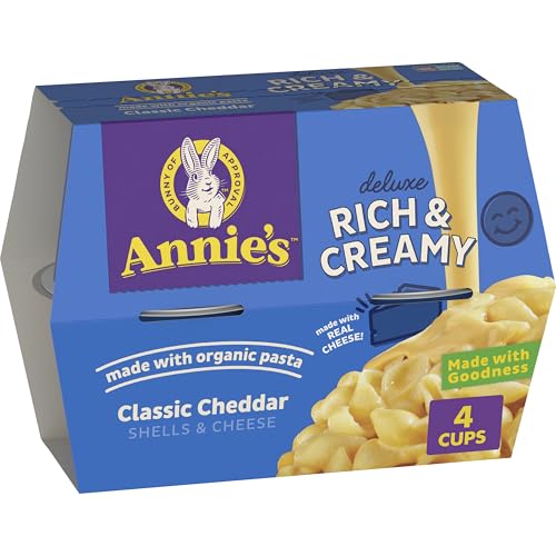 Annie's Classic Cheddar Deluxe Rich and Creamy Microwave Mac & Cheese with Organic Pasta, 4 Ct, 2.6 OZ Cups