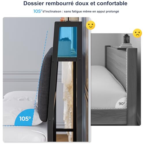 Lit 140x190 LED avec prises & USB, tête lin Brinlawb