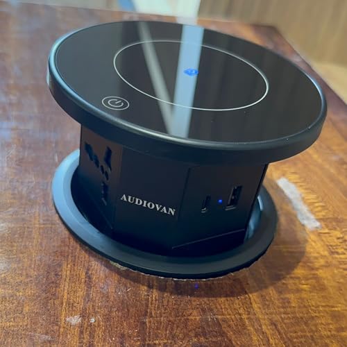 Image of Audiovan Smart Sensor Touch Motorized vertical Pop Up box Power Outlet, 3 AC Outlets with 15W Wireless Charging, USB-A and 18W USB-C Ports, Motorised Design, Black VMP30