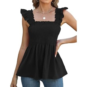 LOMON Womens Tank Tops Fashion Summer Ruffle Flying Sleeve Smocked Blouses Square Neck Sleeveless Shirts Babydoll Shirt Black Small