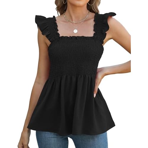 LOMON Womens Tank Tops Fashion Summer Ruffle Flying Sleeve Smocked Blouses Square Neck Sleeveless Shirts Babydoll Shirt Black Medium