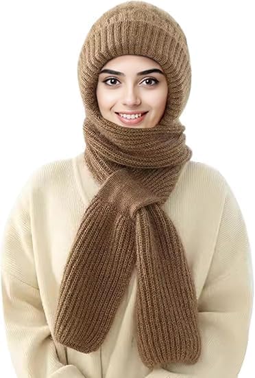 2 in 1 Windproof Scarf with Cap Winter Warm Stole Soft Knitted Beanie Hats.