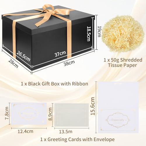 Geschenkbox Set, Schwarz Geschenkboxen mit Deckel 38 x 28 x 19 cm Groß Geschenkbox mit Schleife Geschreddertes Seidenpapier Grußkarten für Weihnachten Geburtstag Hochzeitstag
