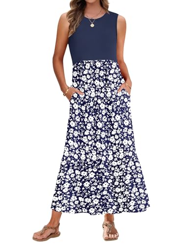 AUSELILY Summer Dresses for Women UK Sleeveless Maxi Dresses Ladies Beach Coverups Sun Dresses Tiered Long Dress with Pockets Navy Blue Cosmos XXL