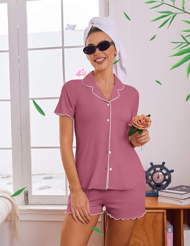 Image of Ekouaer Viscose from Bamboo Women Pajama Sets Button Up Cooling Pjs Short Sleeve Ruffle Sleepwear 2 Piece Lounge Shorts Set