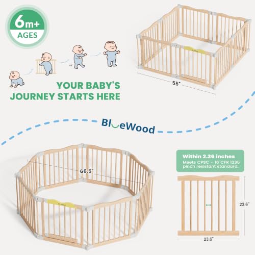 Image of Foldable Wooden Playpen, Natural Pine, 55 x 55 x 24 inches