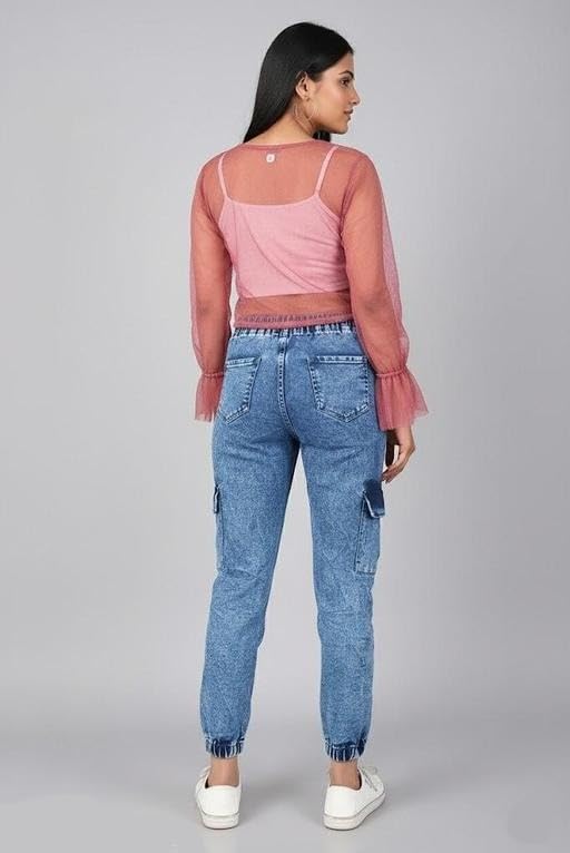 Image of Women Low Rise Denim Jogger Style Jeans Relaxed Fit Casual Daily Use Comfortable Pants
