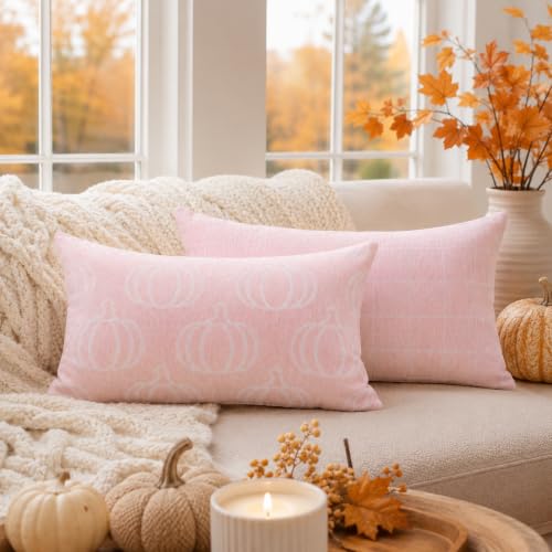 Image of Fall Pumpkin Lumbar Pillow Covers, Autumn Decor (Pink,12x20) | Double-sided pumpkin and plaid designs, thick chenille texture, hidden zipper, for couch, sofa, bed, farmhouse autumn decor