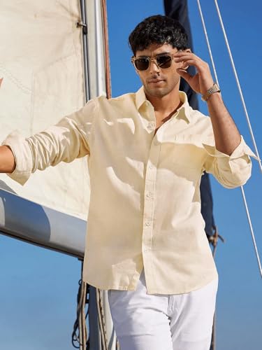 Image of The Souled Store Solid Linen: Beige Color Men and Boys Regular Outdoor Fit Full Sleeve Collared Neck Spread Collar Casual Wear Stylish Comfortable Premium Elegant Cotton Shirts