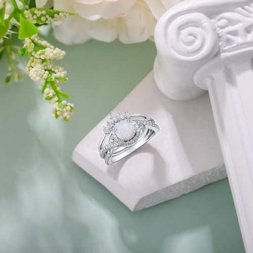 S925 Sterling Silver 1.5 Carat (ctw) White Opal Wedding Ring Sets for Women Halo Opal Bridal Set Round Cut Engagement Ring Sets for Her4
