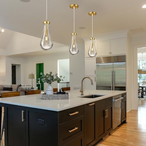 LIANGMH Raindrop Pendant Lights Kitchen Island Set of 3 Teardrop Gold Hanging Light Fixtures Clear Solid Glass Pendant Light Modern Chandeliers for Dining Room Porch Corridor Living Room by LIANGMH - Image 4