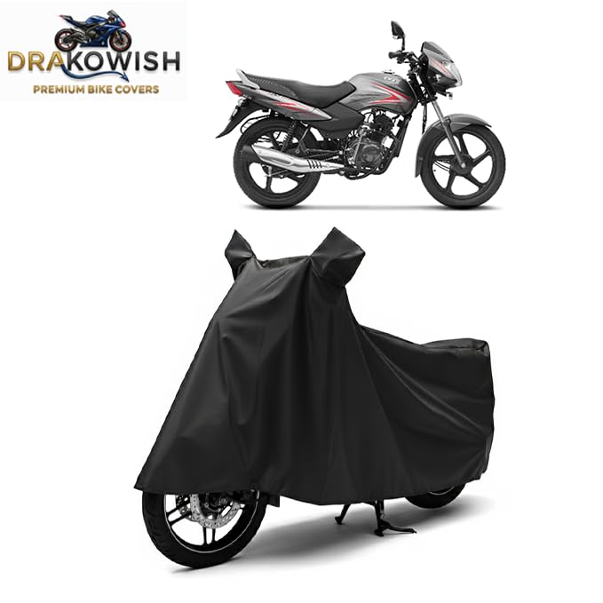Image of DRAKOWISH Waterproof Bike Cover for Tvs Sport All Weather Protection from Rain, Dust, UV Rays & Scratches with Mirror Pockets & Buckle Belt