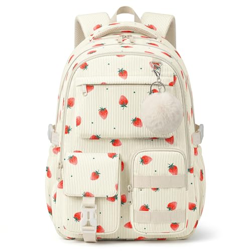 shiprabags Corduroy Backpack for Teen Girls, Aesthetic Cute Strawberry School Backpack with Multi-Pocket, Lightweight Bookbag Fits 15.6 Inch Laptop, Large Capacity Casual Daypack for School Travel