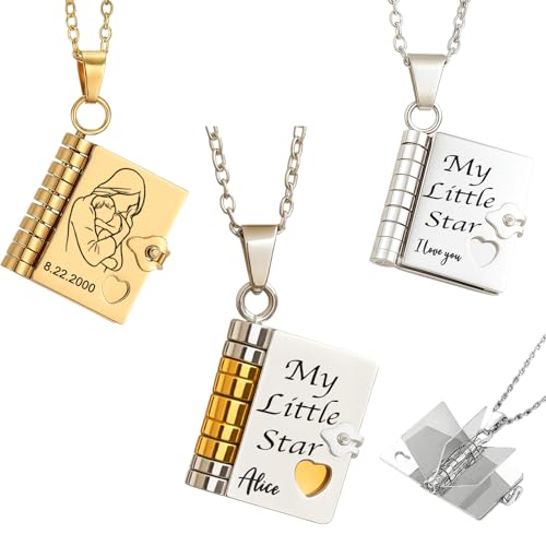Custom Book Necklace for Women, Personalized Engraved 6 Pages Necklace with Name Birthday Gifts for Family Girlfriend