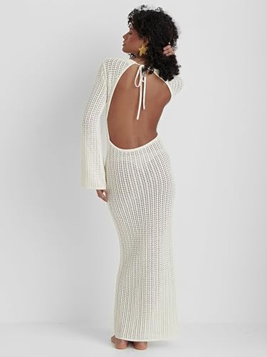 Leoparts Women's Knitted Swimsuit Cover Up 3D Floral Hollow Out Open Back Tie-Up Maxi Dress Beachwear Coverup Dresses3