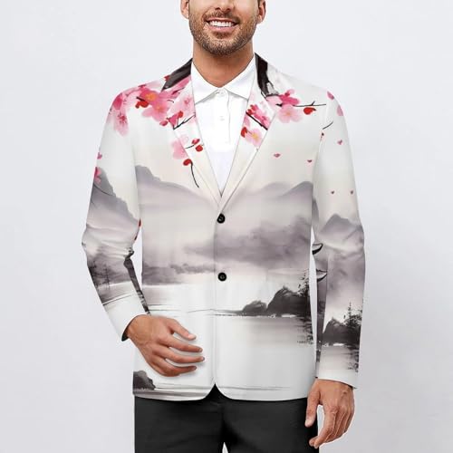 Mount Cherry Flowers Water Men's Casual Blazers Slim Fit Sport Coats Blazer Two Buttons Suit Jacket for Work Party2