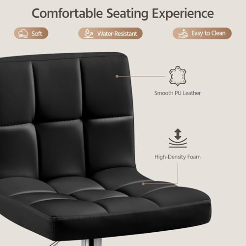 Image of Kemon KaiMeng Modern Adjustable Swivel Bar Stool Chair with Backrest, PU Leather Hydraulic Counter Stool with Footrest for Kitchen Island, Cafe & Home Bar, Black, Square Tufted Back Stool
