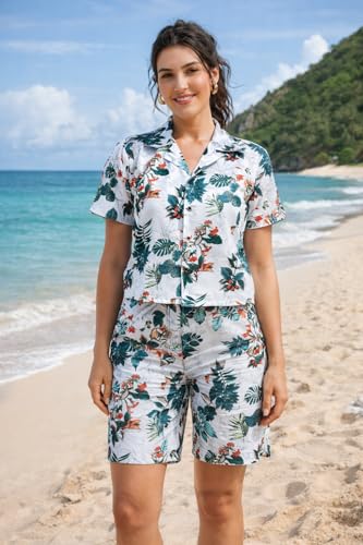 Image of Zilcon Woman Cotton Floral Printed Co-Ord Set - Short Sleeve Shirt with Matching Shorts, Lightweight Breathable Summer Outfit, Beach Vacation Casual Wear