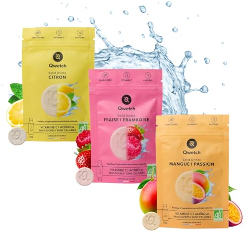 Qwetch SOLID DRINKS BIO – 36 pastillas de hidratación con vitamina C natural – Sin azúcar, sin calorías, limón, mango, fruta de la pasión, fresa y frambuesa, vegano, sin calorías
