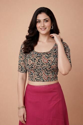 Image of Amazon Brand - Anarva Women's Kalamkari Print Cotton Stretchable Round Neck Readymade Saree Blouse